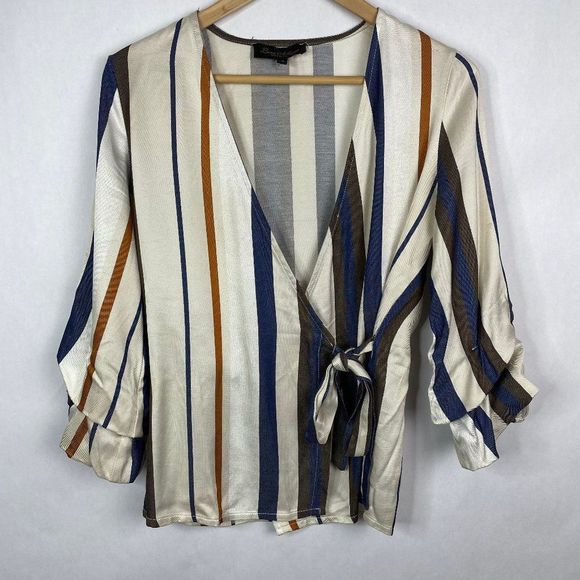 Luna Allegra  Made In Italy  V Neck Ruched 3/4 Sleeve Wrap Front Blouse - Picture 1 of 4